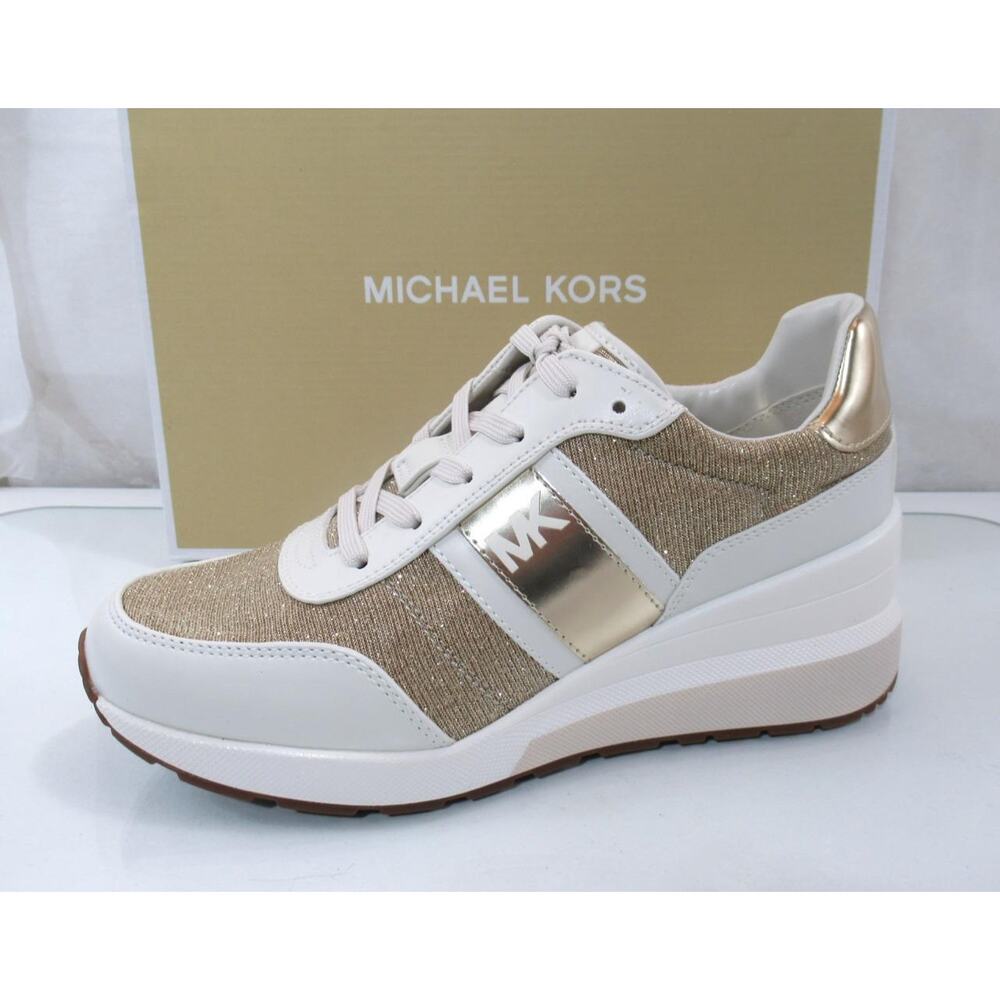 Michael Kors Mabel Trainer Wedge Sneakers Glitter Chain Mesh Pale Gold - Picture 2 of 6